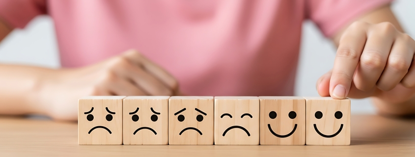 Reihe mit unterschiedlichen Emotionen von schlecht nach gut mit kleinen Emojis auf Holzsteinchen